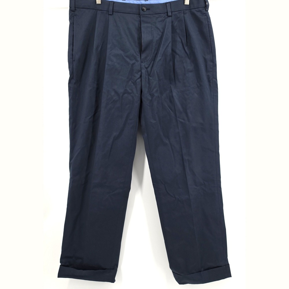 Brooks Brothers Advantage Chino Pants W40 L30 Navy Blue Pleated Cuffed Cotton